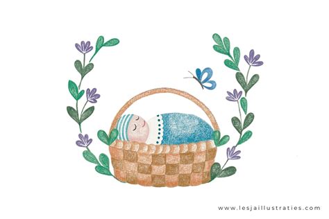 illustratie van een rieten mandje met een baby erin, drijvend tussen het riet aan de oever van de Nijl