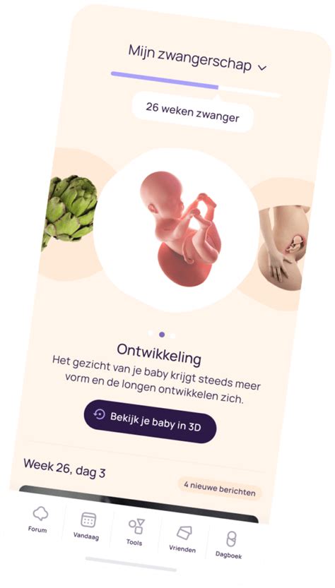 Een screenshot van de 24Baby app met een zwangerschapskalender en 3D-beeld van de baby.