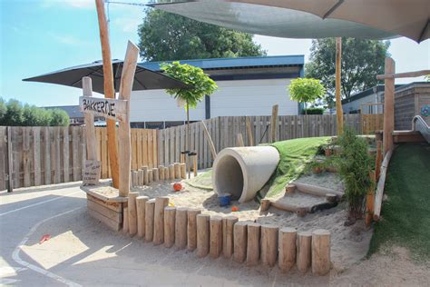 Dakterras van een kinderdagverblijf met speeltoestellen en planten.
