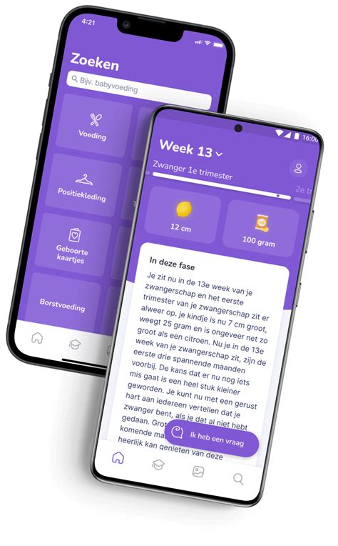 Screenshot van de BabyManager app met informatie over babyverzorging.