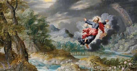 Illustratie van de schepping van de hemel en aarde, met de Geest van God zwevend over het water.