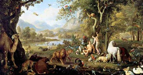 Artistieke weergave van de Hof van Eden, met Adam, Eva en de dieren.