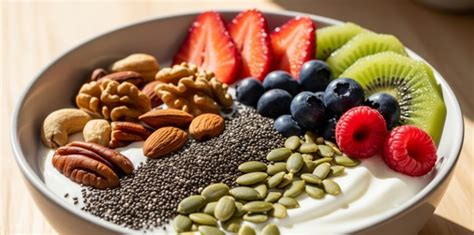 een collage van gezonde zwangerschapslekkernijen, zoals fruit, yoghurt, noten en volkorenproducten