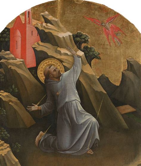 Een gedetailleerde illustratie van het visioen van Franciscus van Assisi, waarbij een serafijn aan het kruis verschijnt en Franciscus de stigmata ontvangt.