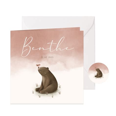 Illustratie van een roze geboortekaartje met bloesem en een meisje.