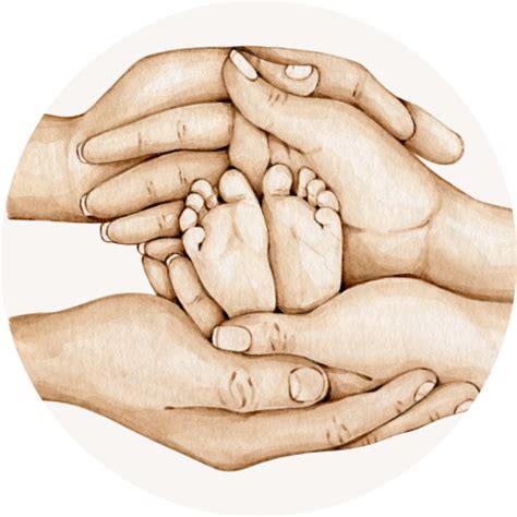 Waterverf illustratie van handen met vier babyvoetjes op een sluitsticker voor een geboortekaartje.