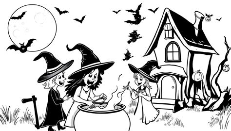 Een collage van verschillende Halloween-gerelateerde kleurplaten: pompoenen, heksen, spoken, vleermuizen.