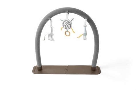 Illustratie van de Doomoo Giraf speelboog met de drie bijgeleverde speeltjes