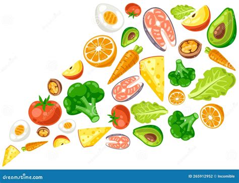 Illustratie van gezonde voedingsmiddelen voor zwangere vrouwen, met nadruk op groenten, fruit en volle granen.