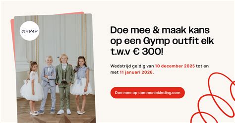 Voorbeelden van communiejurken en -pakjes van het merk Gymp, met nadruk op details en maten.