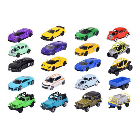 Illustratie van verschillende soorten speelgoedauto's, zoals raceauto's, vrachtwagens en politieauto's.