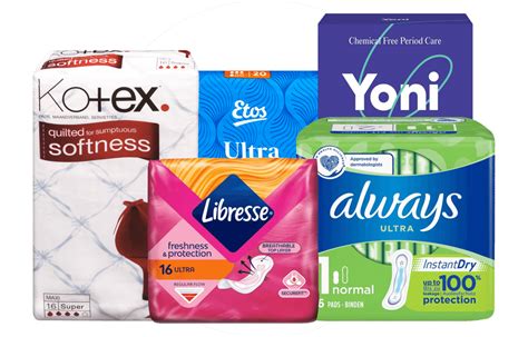 Afbeelding van verschillende soorten maandverband, met nadruk op biologisch katoenen opties.