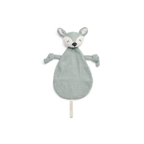 Een zacht Jollein pinguïn knuffeldoekje met een lusje om aan een speen te bevestigen.