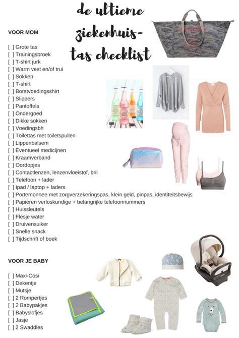 Een gedetailleerde checklist voor de ziekenhuistas, opgedeeld in secties voor mama, baby en partner.