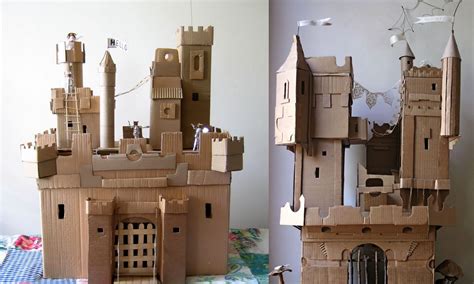 Voorbeeld van twee kartonnen stukken met inkepingen om een kasteel te vormen.