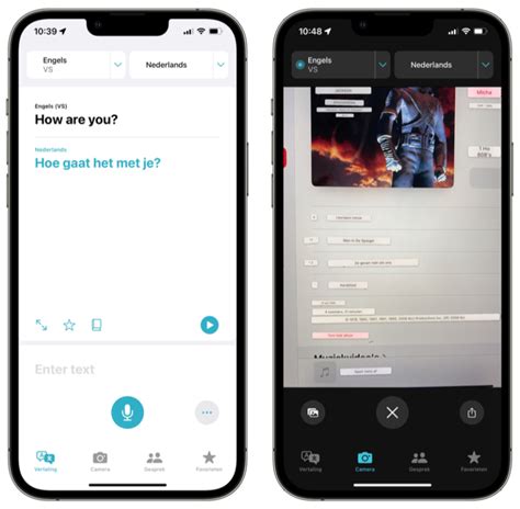 Screenshot van de Vertaal-app op een iPhone, die een vertaald gesprek toont.