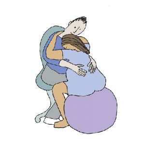 Illustratie van een vrouw die een bevallingsbal gebruikt om weeën op te vangen.