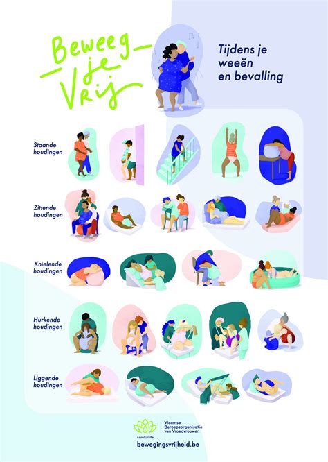 Infographic die verschillende bevallingshoudingen en hun voordelen toont.