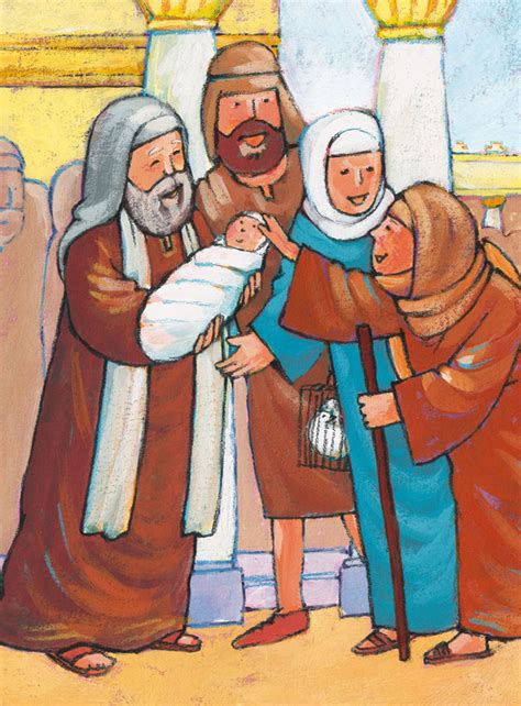 Illustratie van Simeon die het kind Jezus in zijn armen houdt in de tempel, met Maria en Jozef erbij.