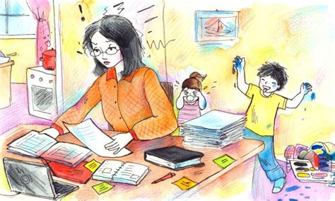 Illustratie van een moeder die probeert te multitasken met twee kleine kinderen