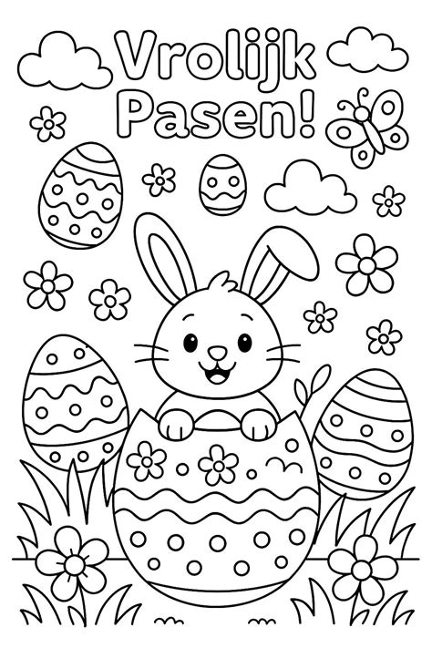 Vrolijke pixeltekening van een paashaas voor het raam, gemaakt van gekleurde vierkantjes.