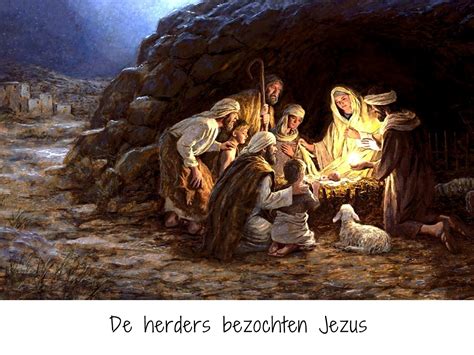 Illustratie van de herders die het pasgeboren kind Jezus bezoeken