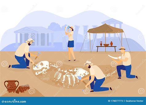 Illustratie van een archeologisch team dat botten onderzoekt.