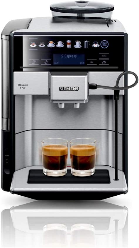 Illustratie van de Siemens EQ.6 espressomachine met nadruk op de verschillende onderdelen.