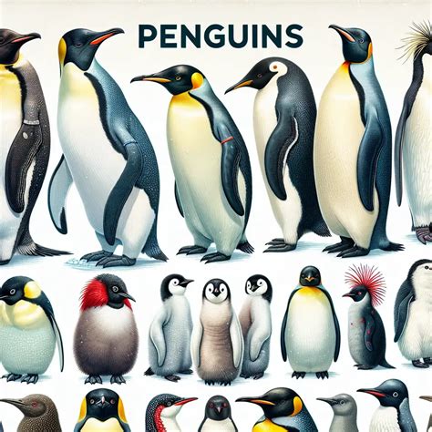 Illustratie van verschillende pinguïnsoorten in hun natuurlijke habitat