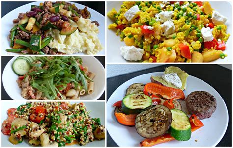 Een collage van gezonde maaltijden zoals salades en groenten