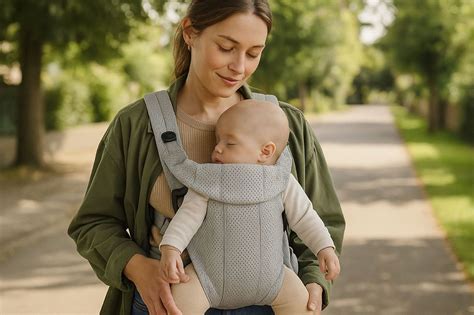 Een baby slaapt vredig in een draagzak