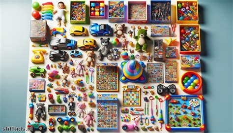 Een collage van speelgoed voor verschillende leeftijden.
