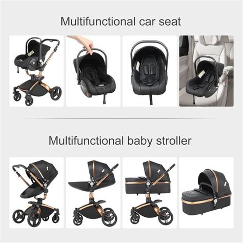 Illustratie van een moderne kinderwagen met verstelbare functies en opbergruimte.