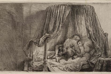 Een gedetailleerde foto van de ets 'Het Ledikant' van Rembrandt, met nadruk op de anatomie van de figuren.