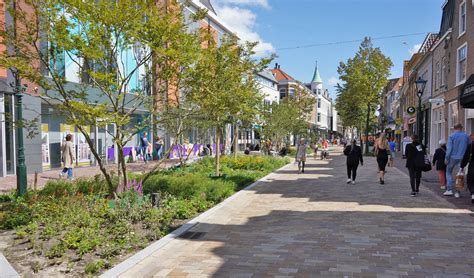 Foto van een charmante winkelstraat in Gouda met historische gebouwen en diverse winkels.