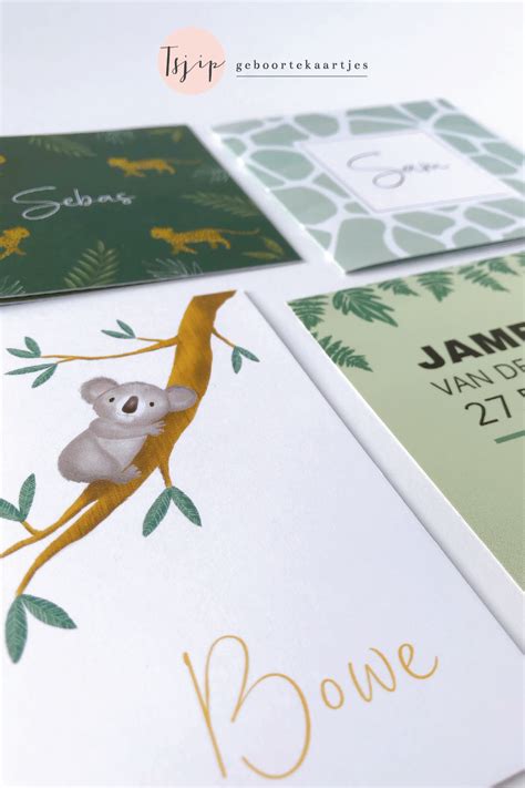 Collage van diverse geboortekaartjes met verschillende stijlen, waaronder jungle thema en minimalistische ontwerpen.