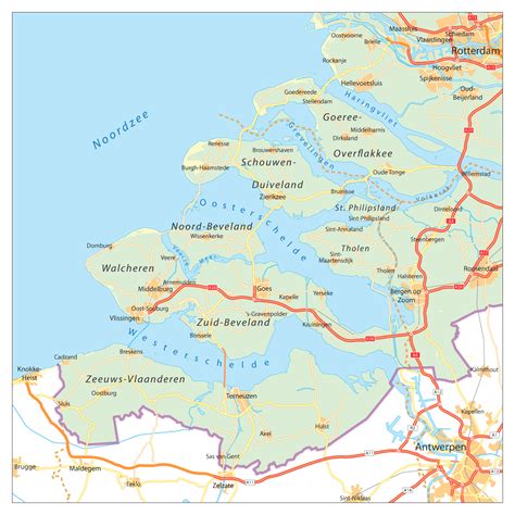 Overzichtskaart van Zeeland met locaties van speeltuinen gemarkeerd