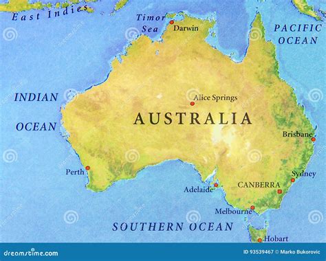 Informatieve kaart van Australië met de belangrijkste bezienswaardigheden gemarkeerd.