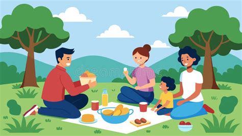 Illustratie van een gezin dat geniet van een picknick in een park in Australië, met zonnehoedjes en beschermende kleding.
