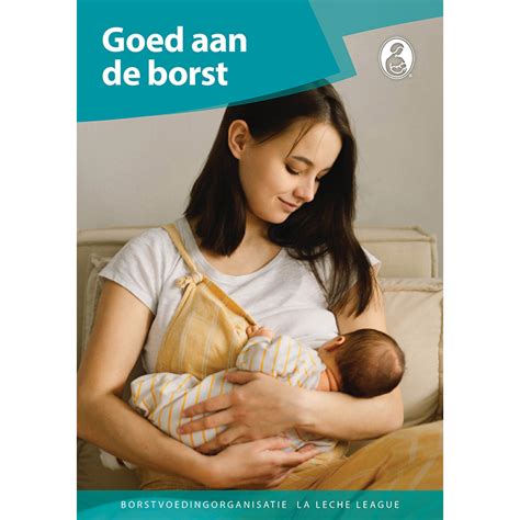 Illustratie van een baby die aan de borst drinkt, met een kalme moeder.