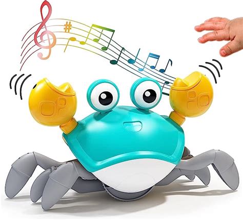 Illustratie van een interactieve lopende krab met lichtjes en geluidssymbolen.