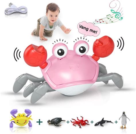 Infographic die de ontwikkelingsvoordelen van het lopende krab speelgoed toont, met iconen voor motoriek, probleemoplossing en zintuigen.