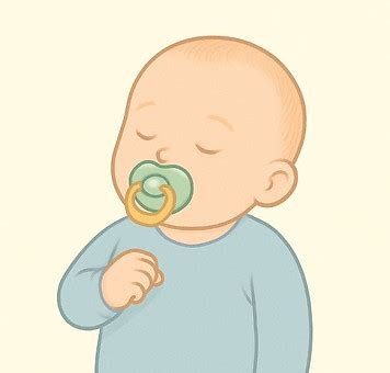 Illustratie van een baby die een speentje vasthoudt.