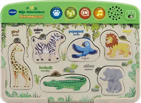 Illustratie van verschillende VTech interactieve dieren, elk met een educatieve functie (tellen, kleuren, geluiden).