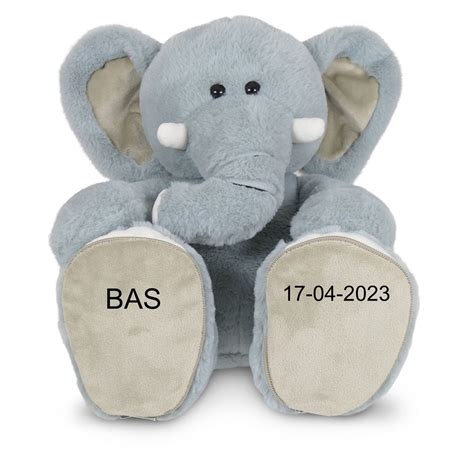 Een gepersonaliseerde knuffel met geborduurde naam en geboortedatum.