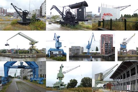 Overzicht van verschillende Joustra hijskranen, variërend in grootte en model, naast elkaar tentoongesteld