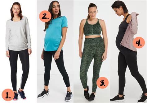 Een overzicht van verschillende soorten sportkleding voor zwangere vrouwen, zoals leggings, tops en sportbeha's.