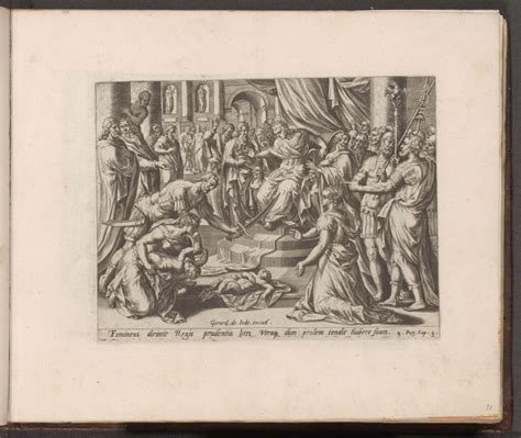 Oude gravure die het salomonsoordeel uitbeeldt.