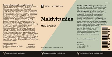 Voorbeeld van een etiket van een multivitamine speciaal voor zwangeren met uitleg over de verschillende onderdelen