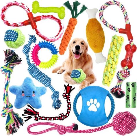 Collage van verschillende soorten hondenspeelgoed: pluche, interactief, en kauwspeelgoed